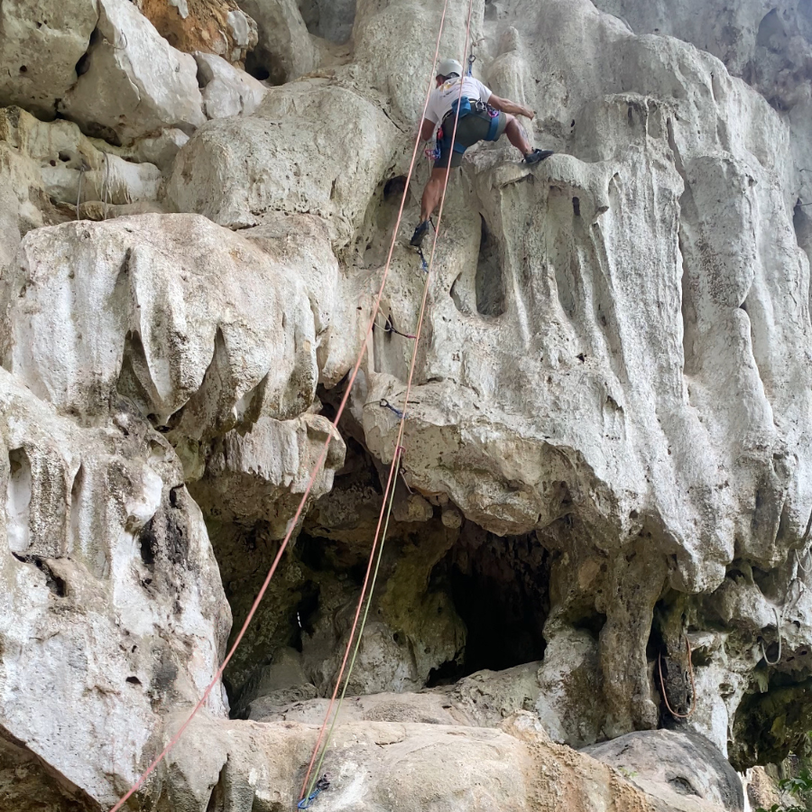 Byrdie climbing Carrie On at The North Wall, Krabi