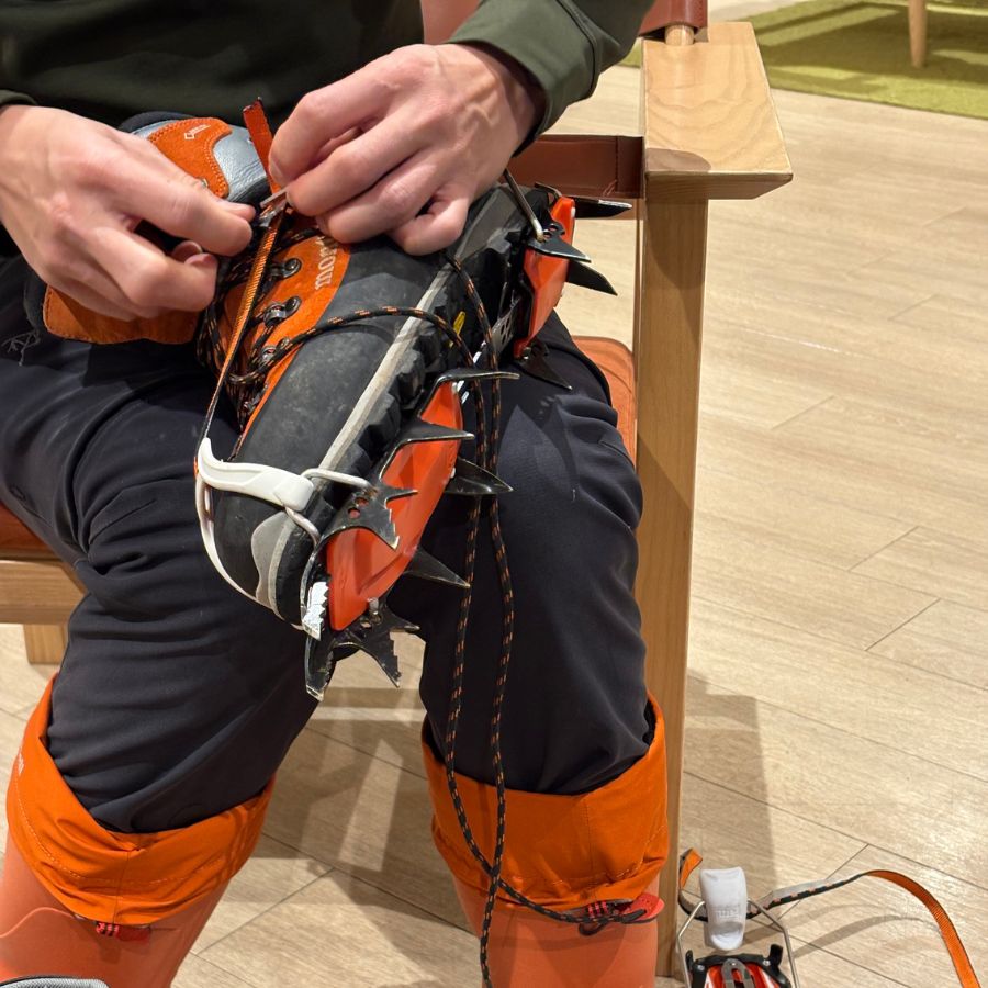 preparing crampons for ice climbing in Hokkaido