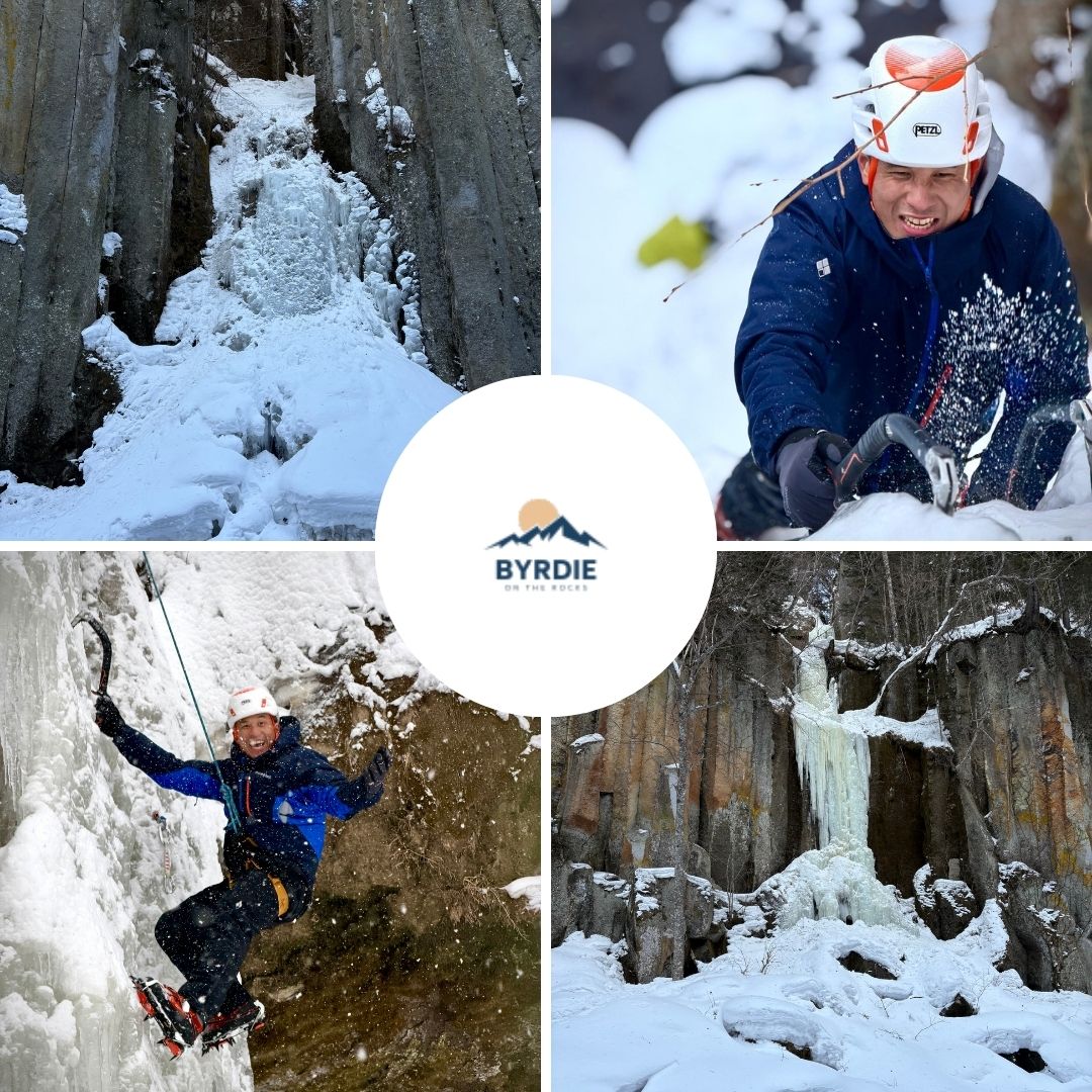 ByrdieOnTheRocks ice climbing frozen waterfalls in Hokkaido Japan during winter