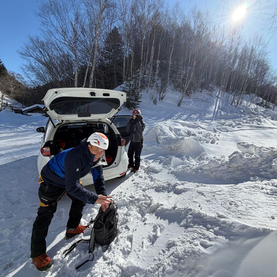 preparing for ice climbing hike in snowy Hokkaido Japan