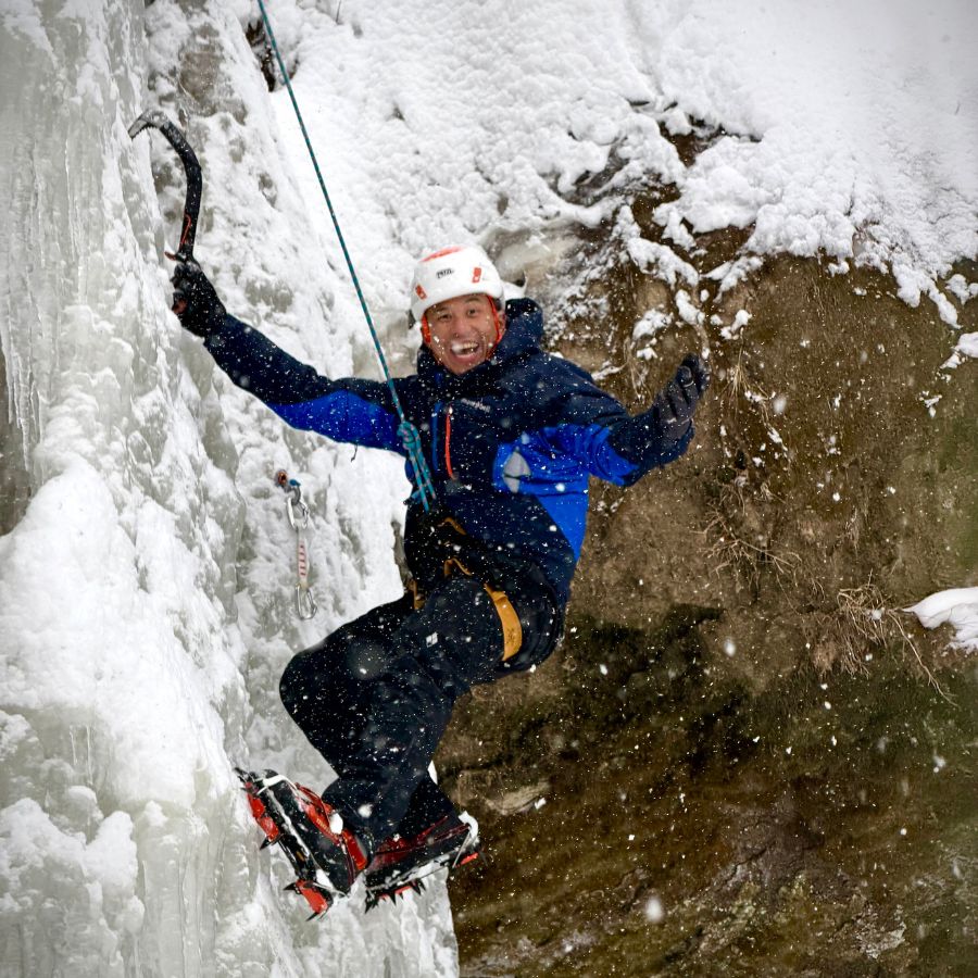 beginner learning ice climbing technique Hokkaido Japan