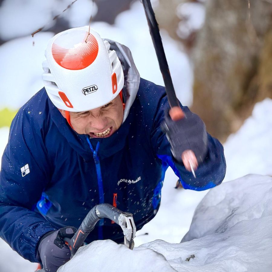 Serious face while using ice axe