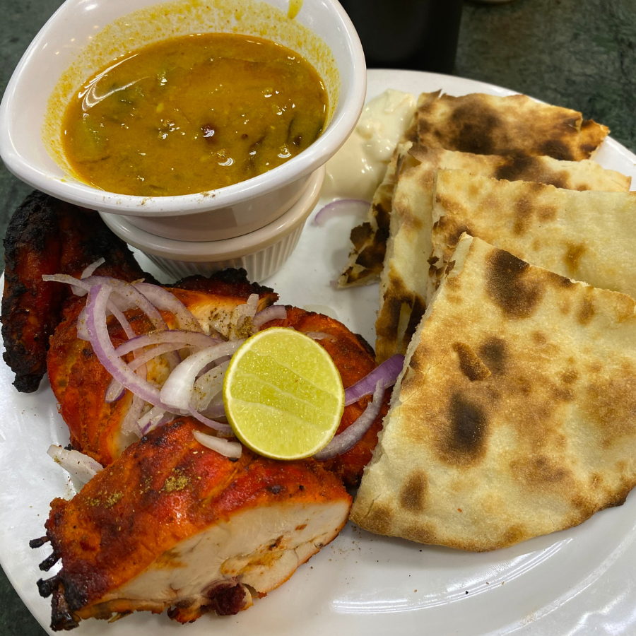 Grilled chicken with rice, Malaysian Indian-style fusion dish