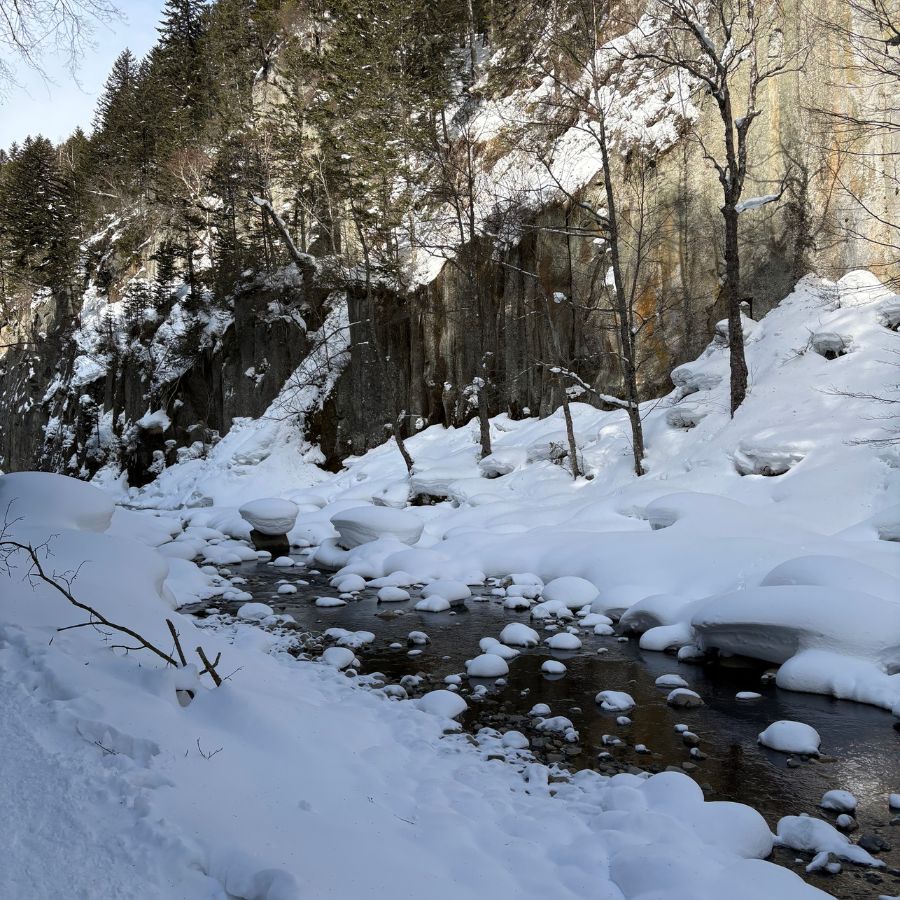 frozen stream in Obako ice climbing area Hokkaido
