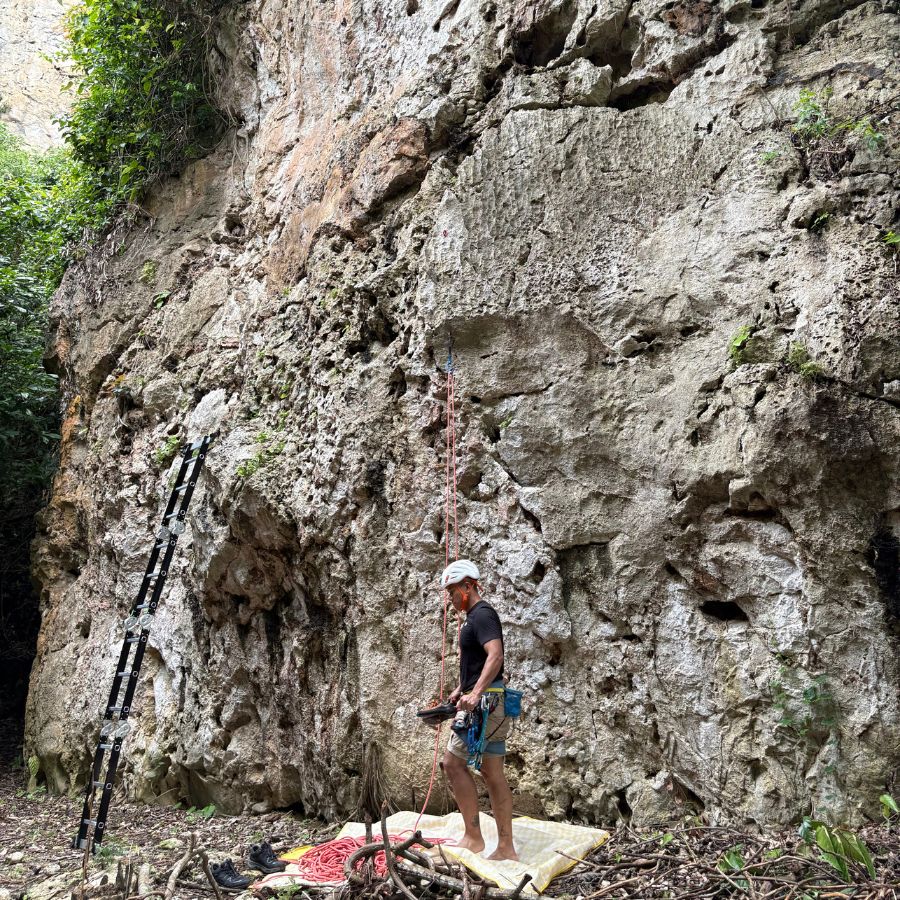 Byrdie preparing to climb at Khao Cha Ang in Rayong
