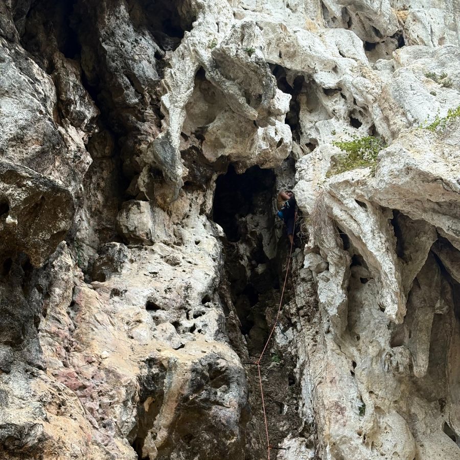 Scenic limestone climbing route at Khao Cha Ang, Rayong Thailand